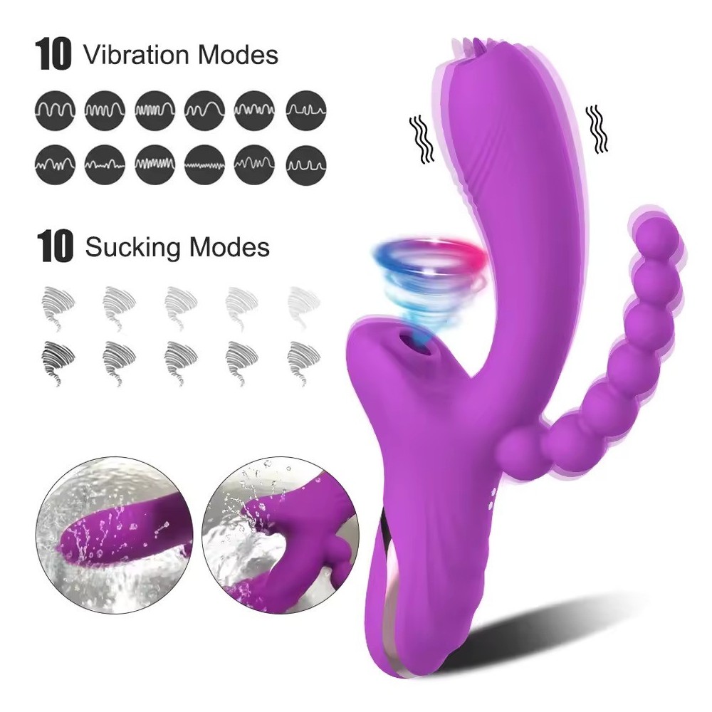 Vibratore Rabbit a Tripla Stimolazione – Dildo Punto G, Suzione Clitoridea & Perline Anali | 7 Modalità di Suzione e 7 di Vibraz