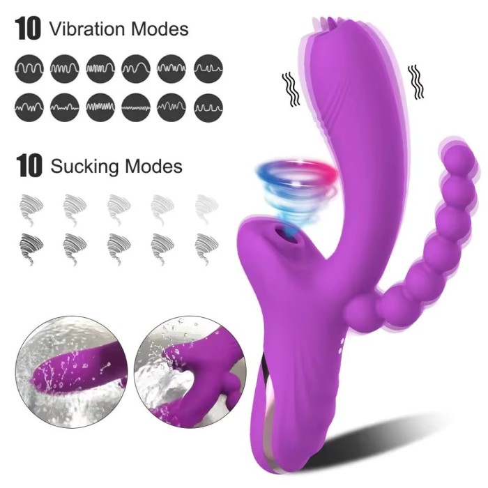 Triple Stimulation Rabbit Vibrator – G-Spot Dildo, Clitoral Suction & Anal Beads | 7 Suction & 7 Vibration Modes | Body-Safe Sil