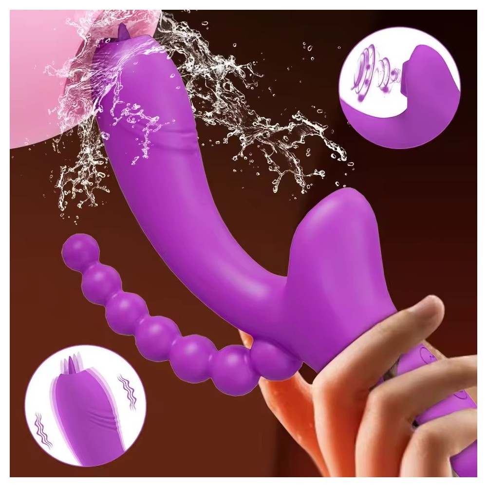 Triple Stimulation Rabbit Vibrator – G-Spot Dildo, Clitoral Suction & Anal Beads | 7 Suction & 7 Vibration Modes | Body-Safe Sil