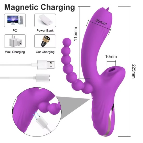 Triple Stimulation Rabbit Vibrator – G-Spot Dildo, Clitoral Suction & Anal Beads | 7 Suction & 7 Vibration Modes | Body-Safe Sil