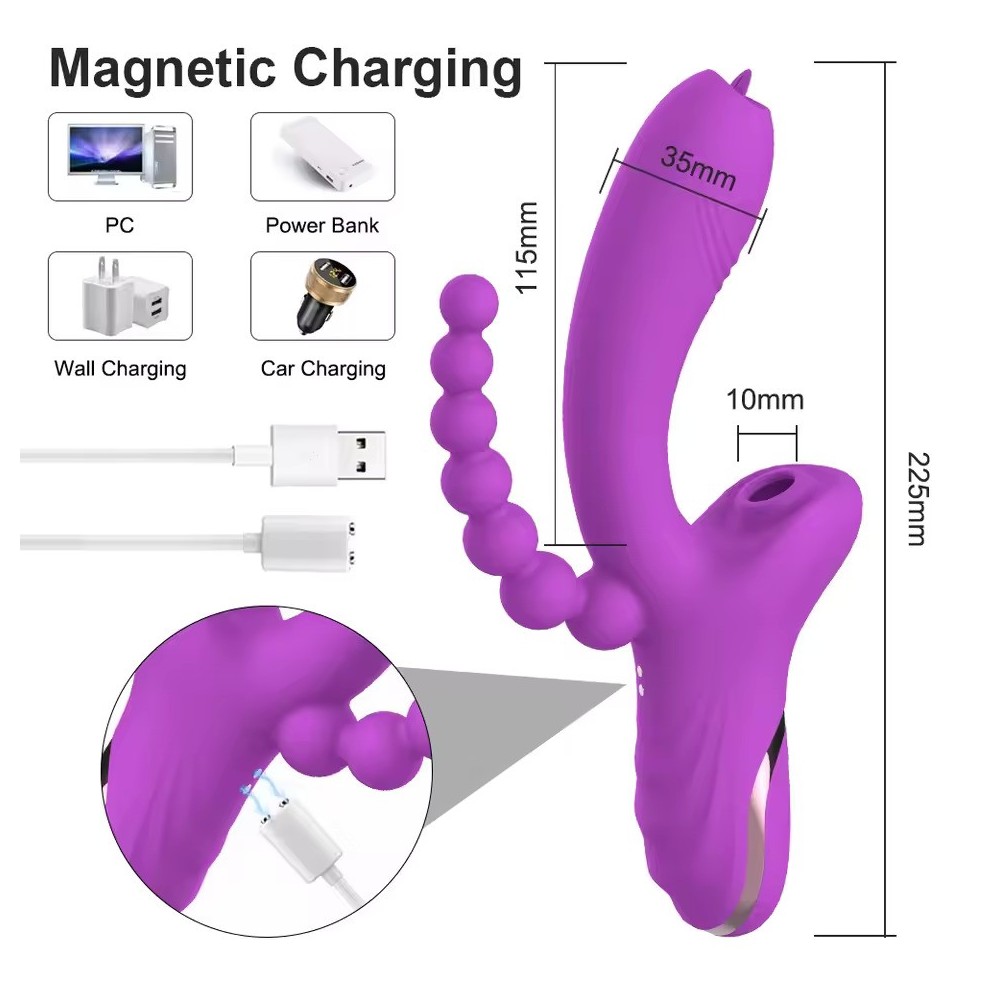 Triple Stimulation Rabbit Vibrator – G-Spot Dildo, Clitoral Suction & Anal Beads | 7 Suction & 7 Vibration Modes | Body-Safe Sil