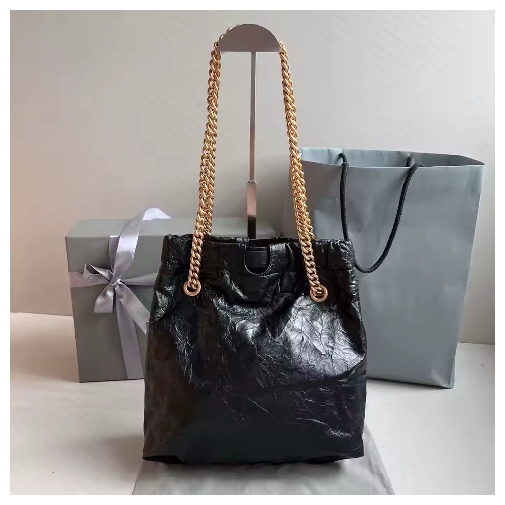 Borsa Secchiello in Pelle di Vitello Lucida Stropicciata – Capiente Borsa Donna con Coulisse a Spalla