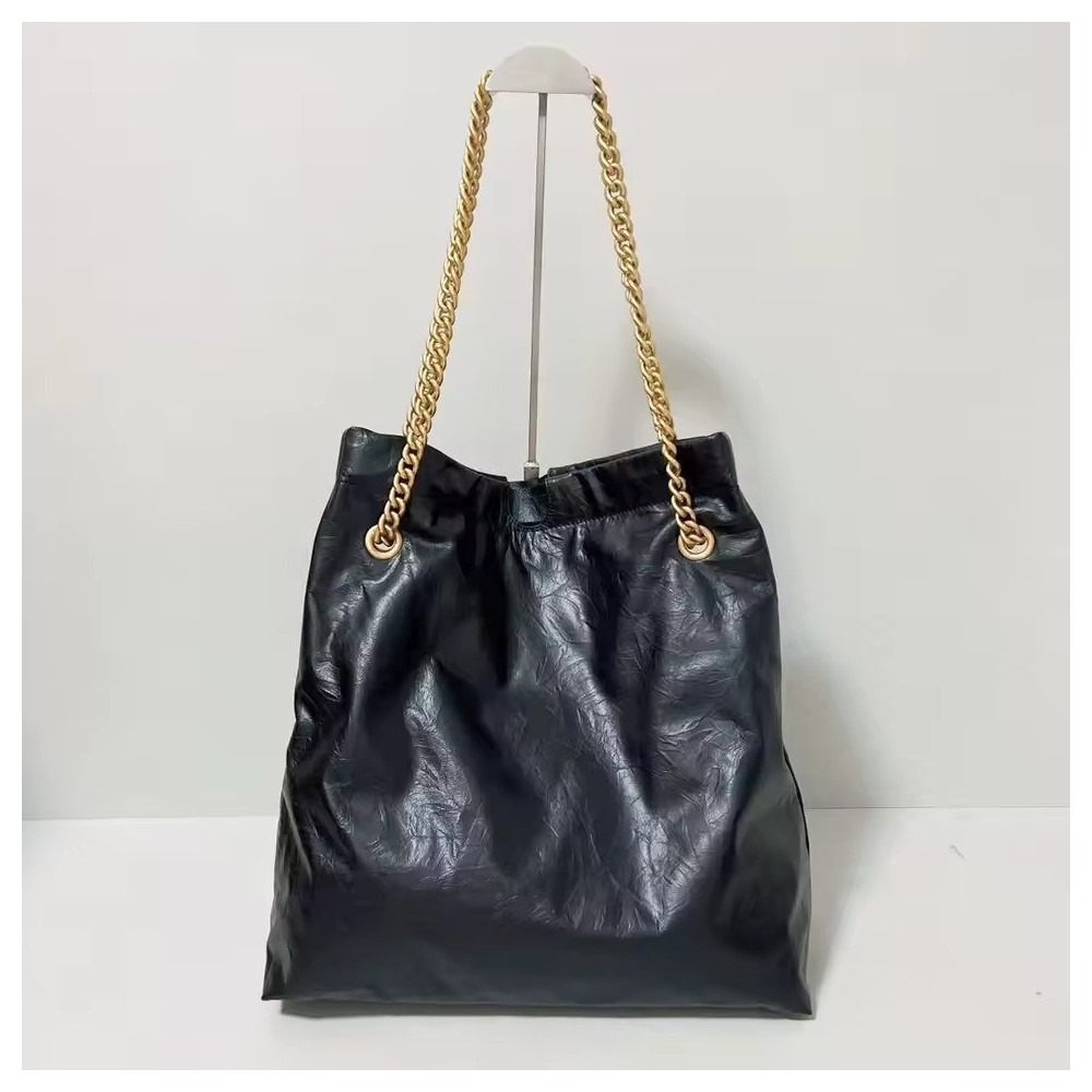 Glossy Crinkled Calfskin Bucket Bag – Fashionable Large-Capacity Women’s Drawstring Shoulder Handbag