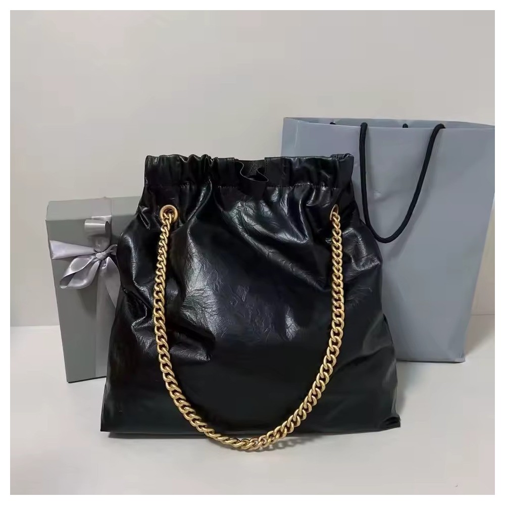 Borsa Secchiello in Pelle di Vitello Lucida Stropicciata – Capiente Borsa Donna con Coulisse a Spalla