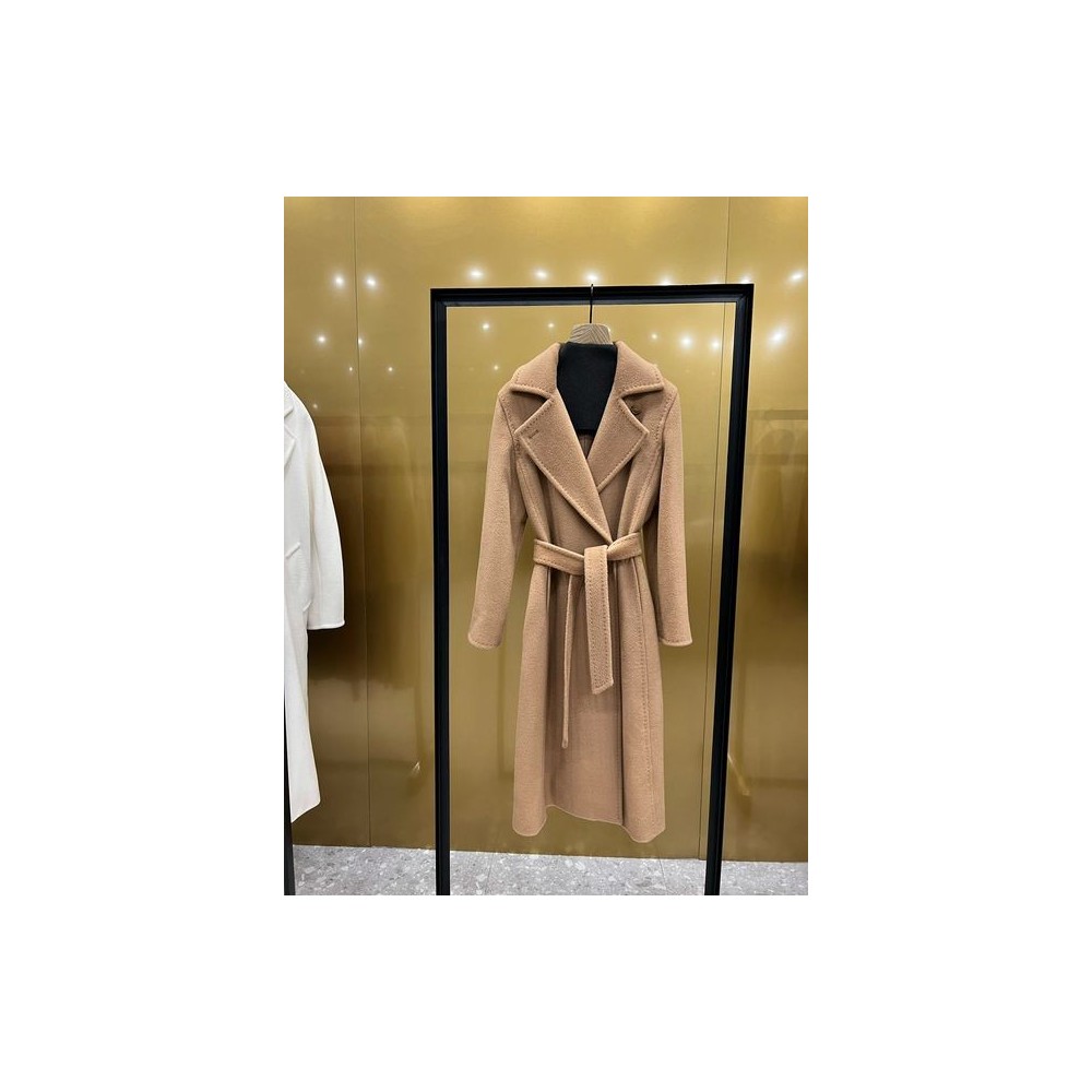 Luxe M Women’s Winter Cashmere Wool Coat – 100% Camel Hair Long Belted Designer Jacket