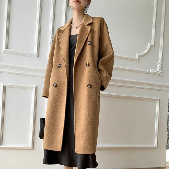 Cappotto Lungo in Lana Doppio Petto da Donna – Bifacciale, Con Cintura, Perfetto per Autunno e Inverno