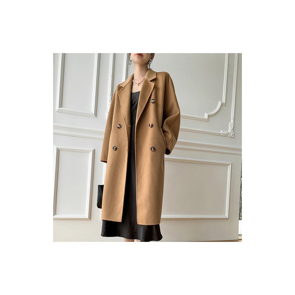 Cappotto Lungo in Lana Doppio Petto da Donna – Bifacciale, Con Cintura, Perfetto per Autunno e Inverno