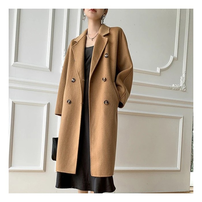 Cappotto Lungo in Lana Doppio Petto da Donna – Bifacciale, Con Cintura, Perfetto per Autunno e Inverno