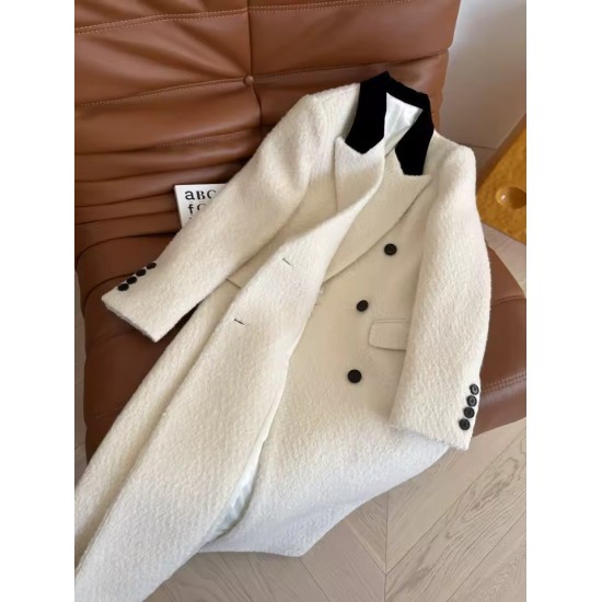 Luxury White Tweed Double-Breasted Coat for Women – High-Quality Autumn Winter Fashion Jacket