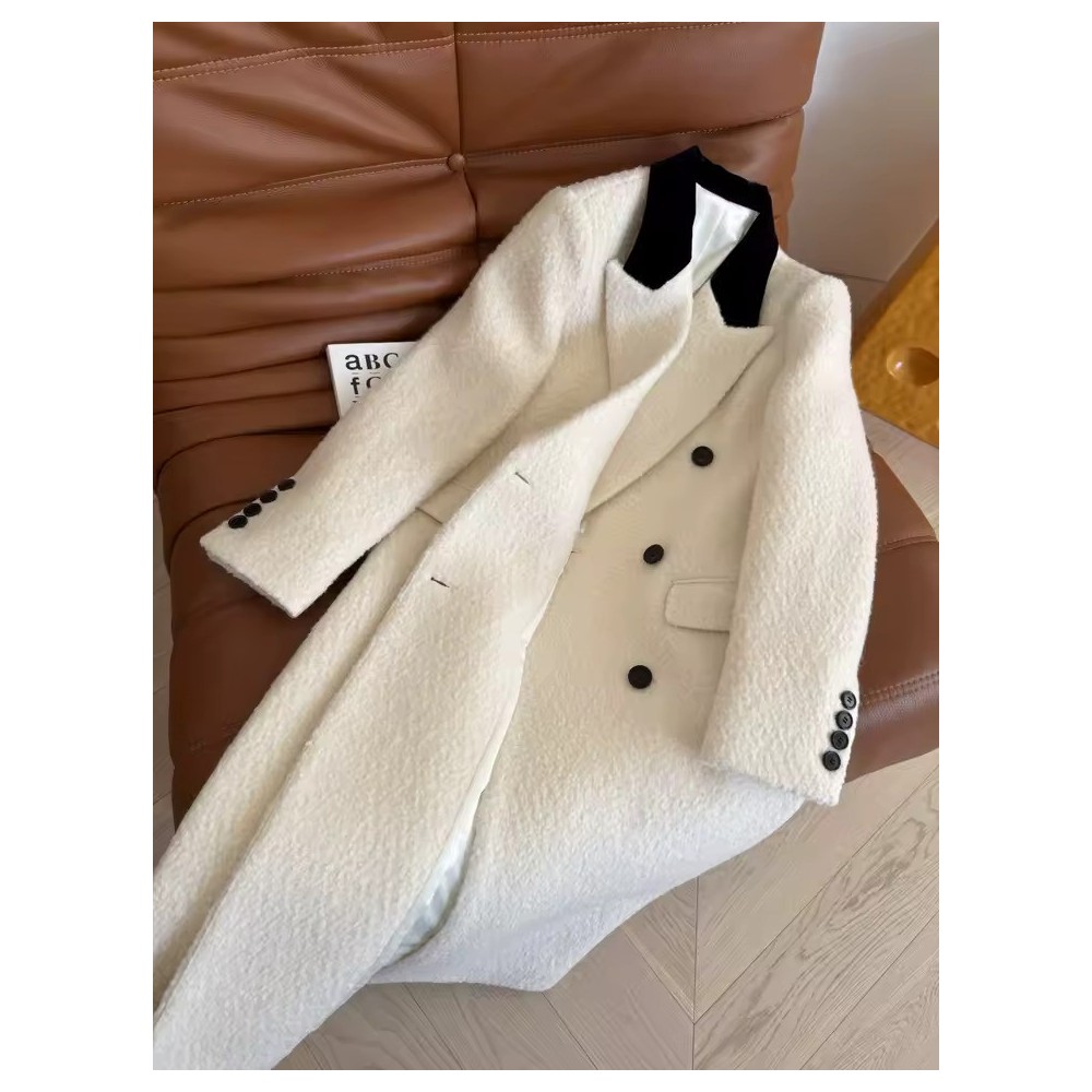Luxury White Tweed Double-Breasted Coat for Women – High-Quality Autumn Winter Fashion Jacket