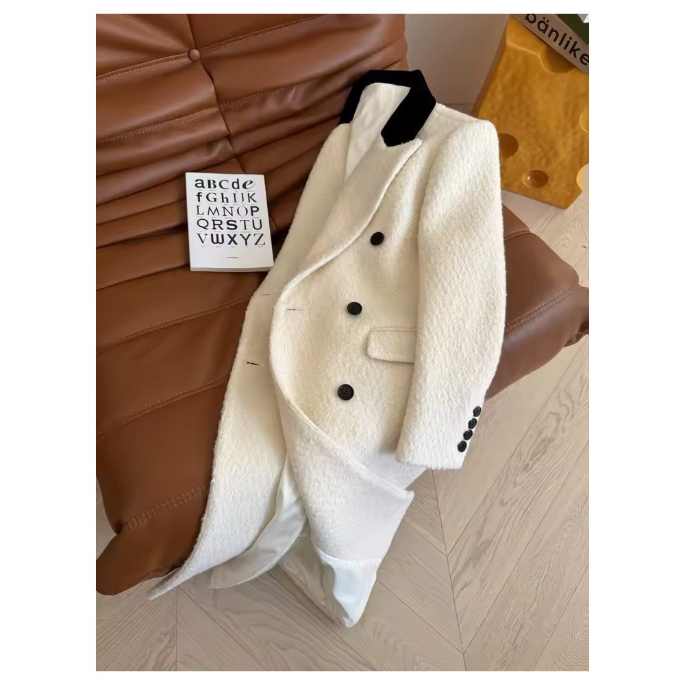 Luxury White Tweed Double-Breasted Coat for Women – High-Quality Autumn Winter Fashion Jacket