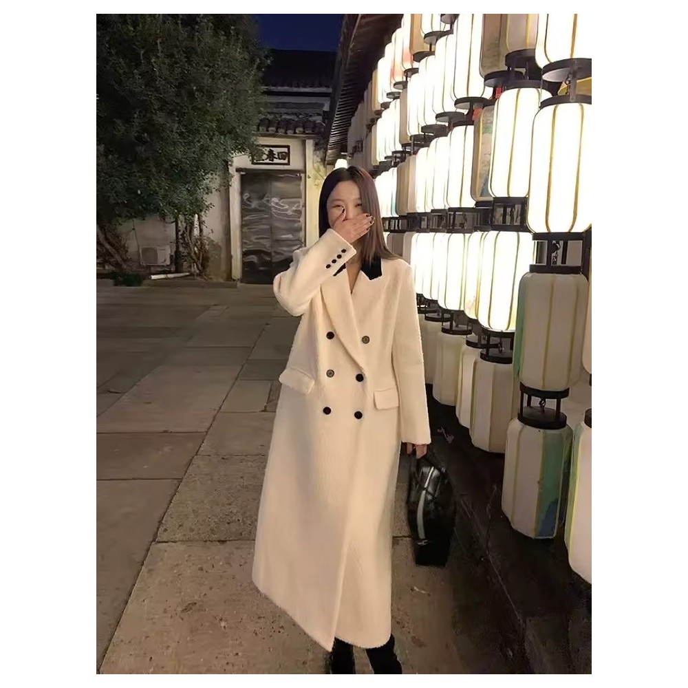 Luxury White Tweed Double-Breasted Coat for Women – High-Quality Autumn Winter Fashion Jacket