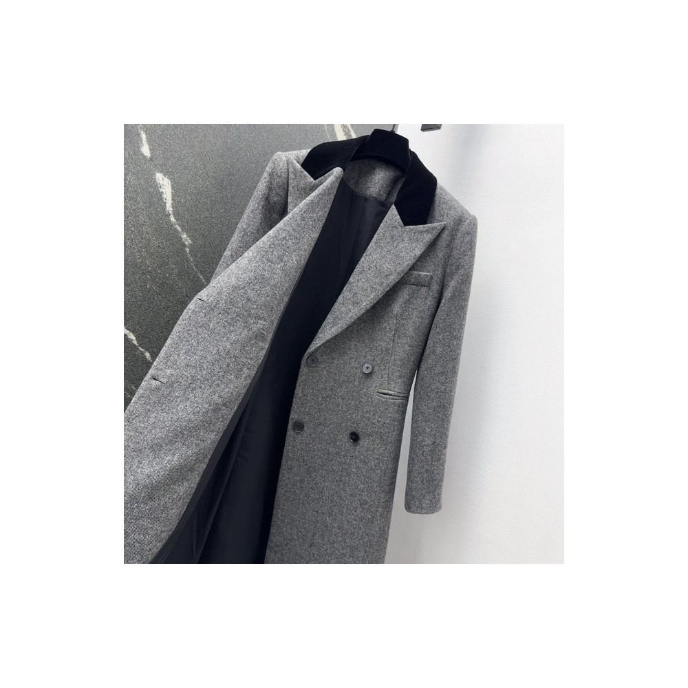 D Luxe Grey Patchwork Wool Coat for Women – High-Quality 50% Wool Autumn Fashion Outerwear