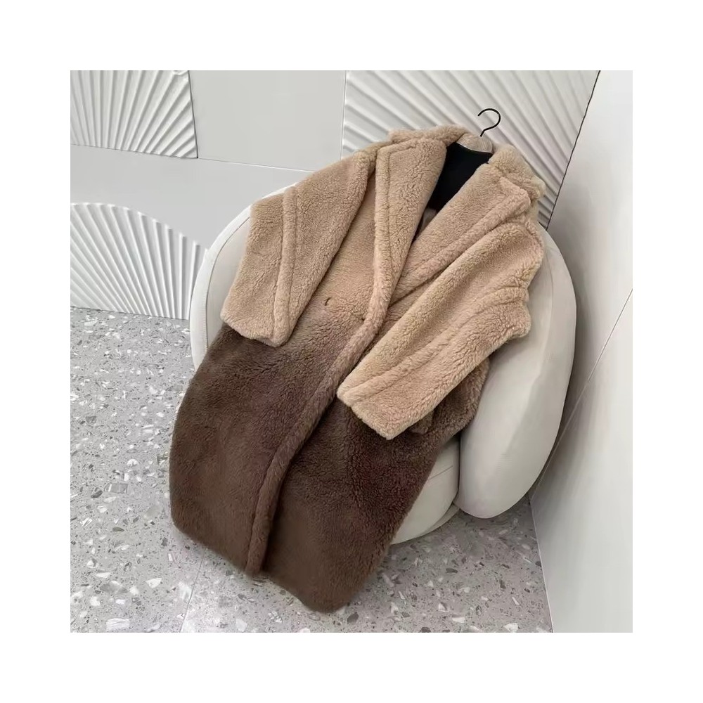 Natural Real Sheep Wool Gradient Teddy Coat – Long Thick M Luxe Warm Turn-Down Collar Winter Jacket