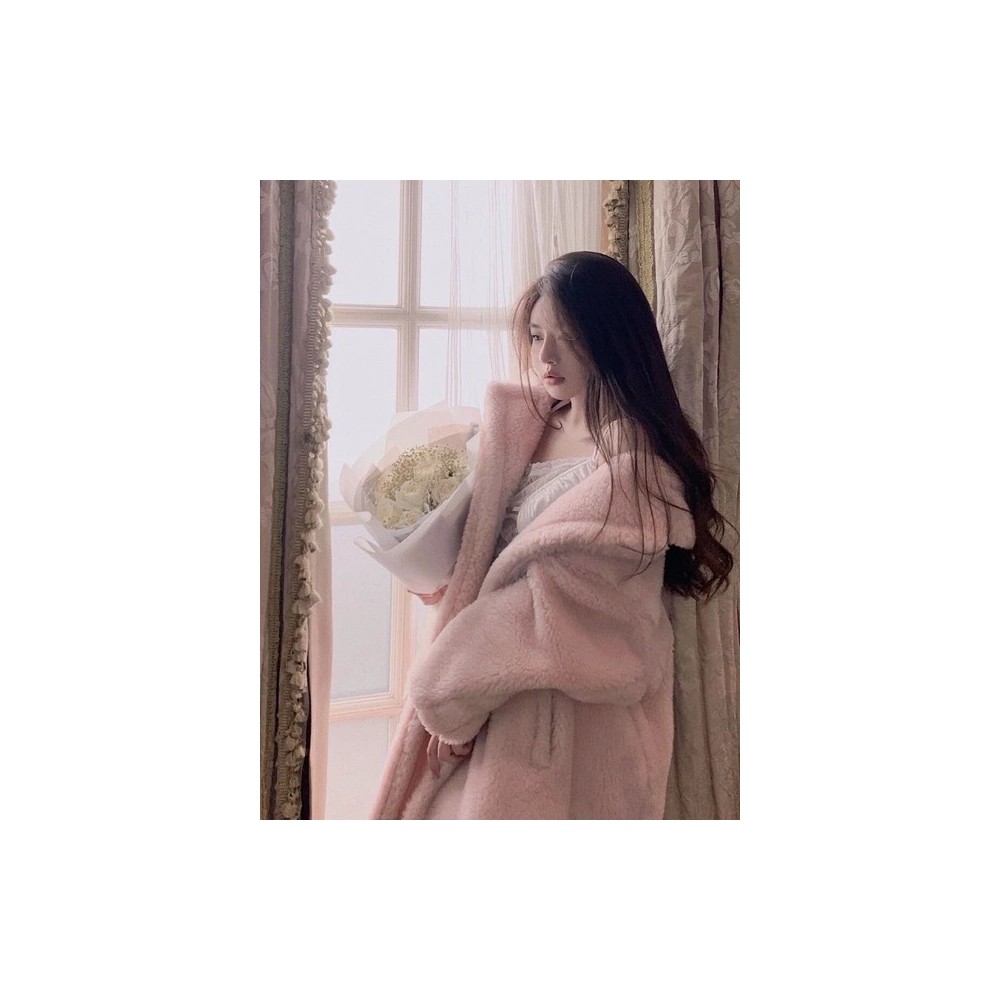 M Luxe Teddy Bear Mid-Long Coat for Women – Thick Winter Korean Faux Lamb Fur Fashion Jacket