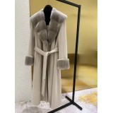Cappotto Elegante in Lana con Collo in Visone – Cardigan Autunno Inverno con Cintura e Maniche Lunghe da Donna
