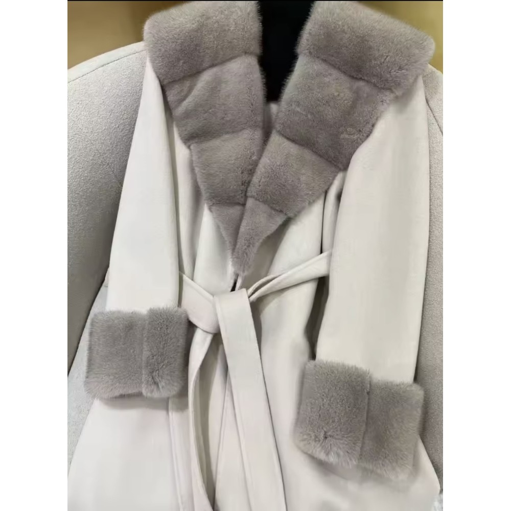 Cappotto Elegante in Lana con Collo in Visone – Cardigan Autunno Inverno con Cintura e Maniche Lunghe da Donna