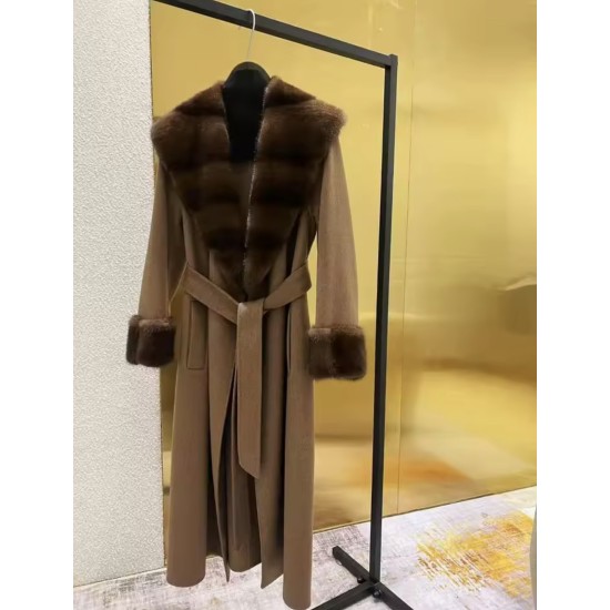 Cappotto Elegante in Lana con Collo in Visone – Cardigan Autunno Inverno con Cintura e Maniche Lunghe da Donna