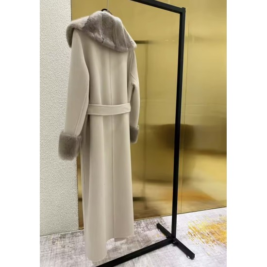 Cappotto Elegante in Lana con Collo in Visone – Cardigan Autunno Inverno con Cintura e Maniche Lunghe da Donna