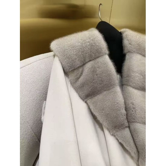 M Luxe Wool Coat with Mink Fur Lapel – Elegant Belted Long-Sleeve Autumn Winter Cardigan for Women