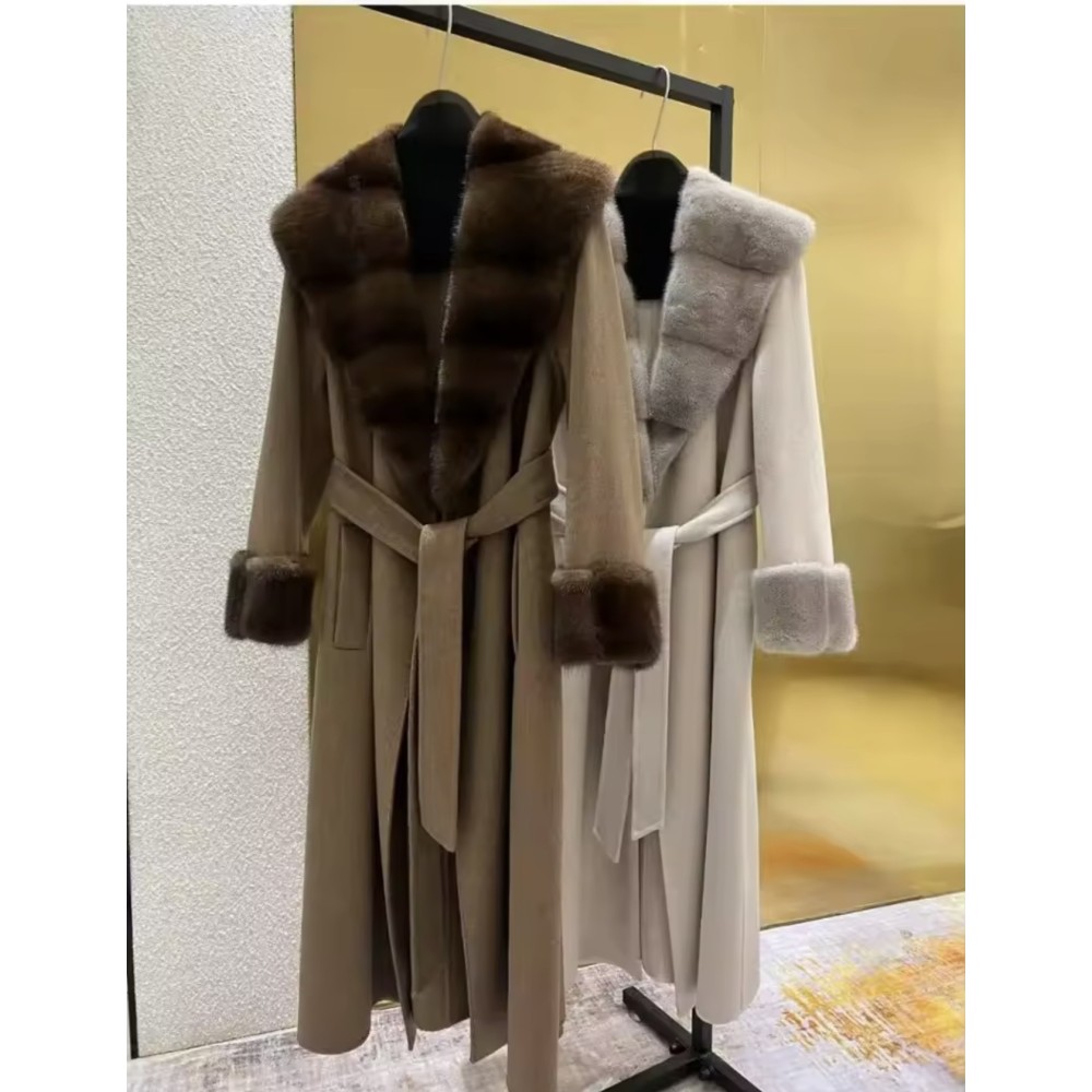 Cappotto Elegante in Lana con Collo in Visone – Cardigan Autunno Inverno con Cintura e Maniche Lunghe da Donna