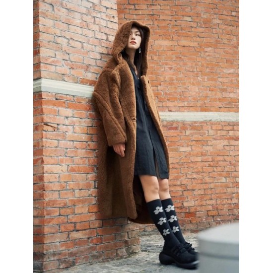 Cappotto Teddy Incappucciata M Luxe Lungo in Vera Lana di Pecora Sfumata – Giacca Invernale Spessa e Calda con Colletto Revers