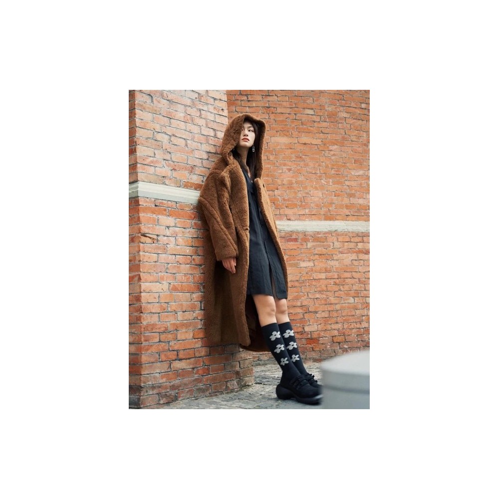 Cappotto Teddy Incappucciata M Luxe Lungo in Vera Lana di Pecora Sfumata – Giacca Invernale Spessa e Calda con Colletto Revers