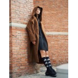 Hooded Real Sheep Wool Gradient Teddy Coat – Long Thick M Luxe Warm Turn-Down Collar Winter Jacket