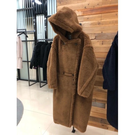 Hooded Real Sheep Wool Gradient Teddy Coat – Long Thick M Luxe Warm Turn-Down Collar Winter Jacket