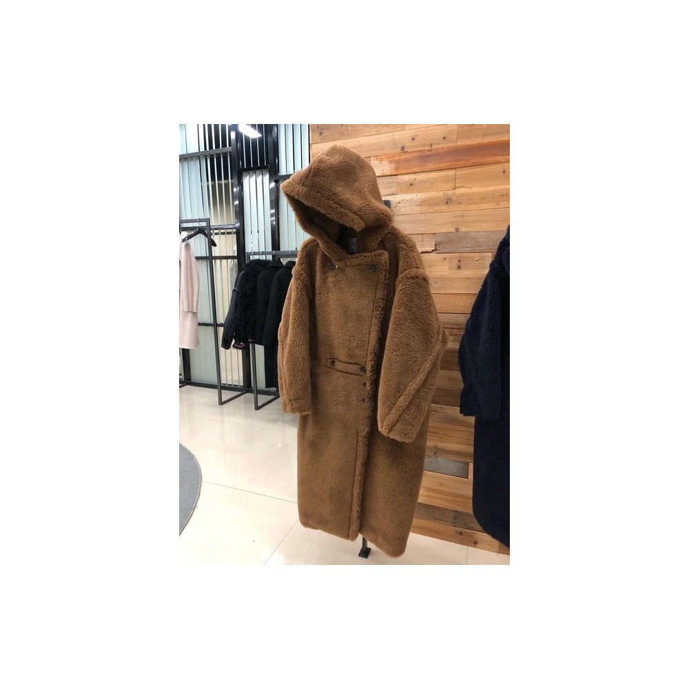 Cappotto Teddy Incappucciata M Luxe Lungo in Vera Lana di Pecora Sfumata – Giacca Invernale Spessa e Calda con Colletto Revers