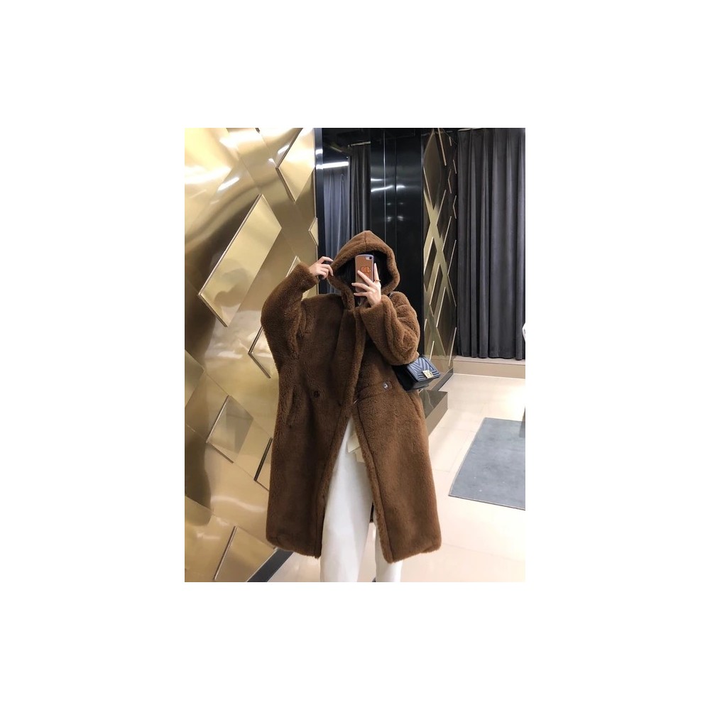 Cappotto Teddy Incappucciata M Luxe Lungo in Vera Lana di Pecora Sfumata – Giacca Invernale Spessa e Calda con Colletto Revers