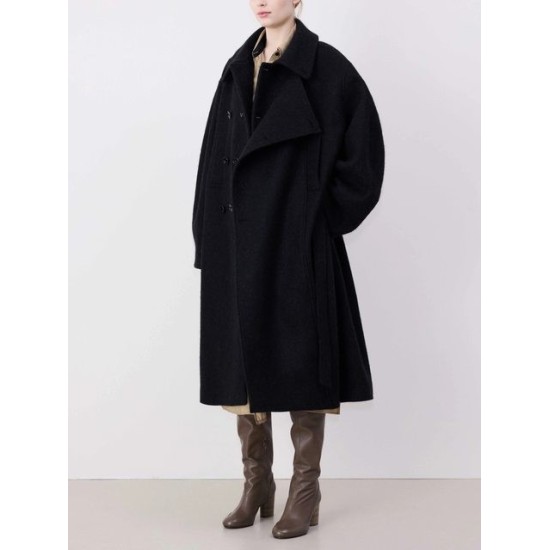Women’s Long Wool Coat – Double-Breasted Loose Fit with Belted Waist | Elegant Fall/Winter Outerwear