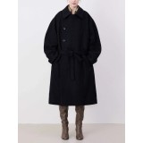 Women’s Long Wool Coat – Double-Breasted Loose Fit with Belted Waist | Elegant Fall/Winter Outerwear
