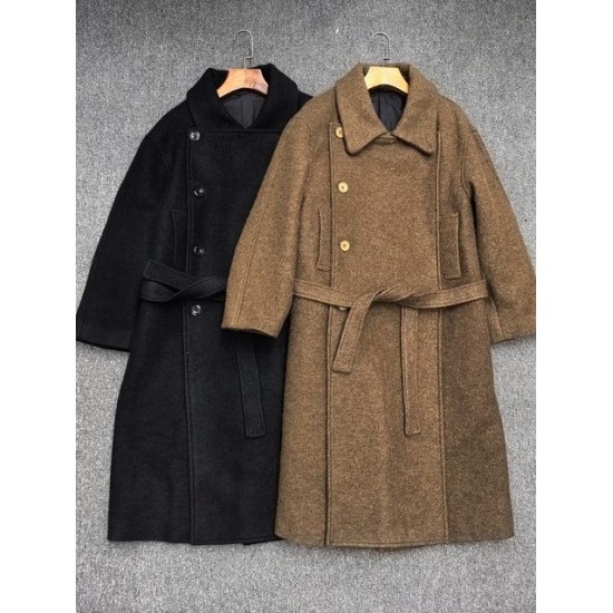 Women’s Long Wool Coat – Double-Breasted Loose Fit with Belted Waist | Elegant Fall/Winter Outerwear