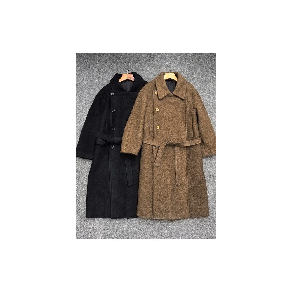 Women’s Long Wool Coat – Double-Breasted Loose Fit with Belted Waist | Elegant Fall/Winter Outerwear