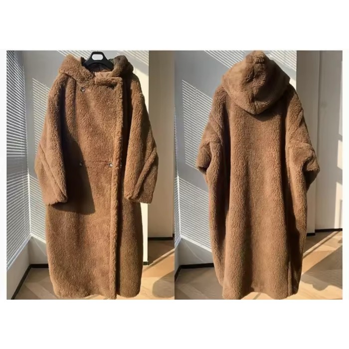 Hooded Real Sheep Wool Gradient Teddy Coat – Long Thick M Luxe Warm Turn-Down Collar Winter Jacket