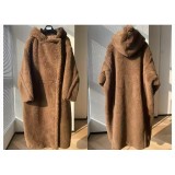 Hooded Real Sheep Wool Gradient Teddy Coat – Long Thick M Luxe Warm Turn-Down Collar Winter Jacket