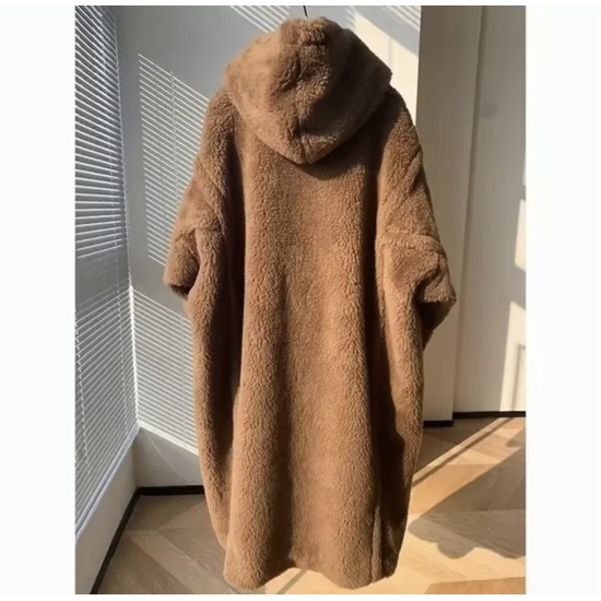 Cappotto Teddy Incappucciata M Luxe Lungo in Vera Lana di Pecora Sfumata – Giacca Invernale Spessa e Calda con Colletto Revers