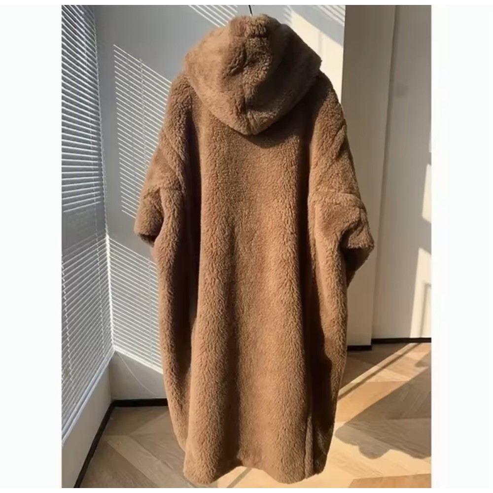 Cappotto Teddy Incappucciata M Luxe Lungo in Vera Lana di Pecora Sfumata – Giacca Invernale Spessa e Calda con Colletto Revers
