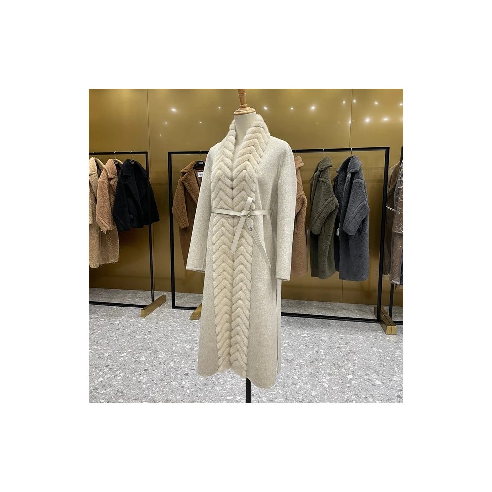 Cappotto Donna in Lana Double Face con Collo in Vison – Cappotto Lungo Elegante di Alta Qualità
