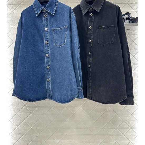 Vintage Washed Oversized Denim Shirt for Women | Soft Cotton Twill Distressed Charcoal & Blue