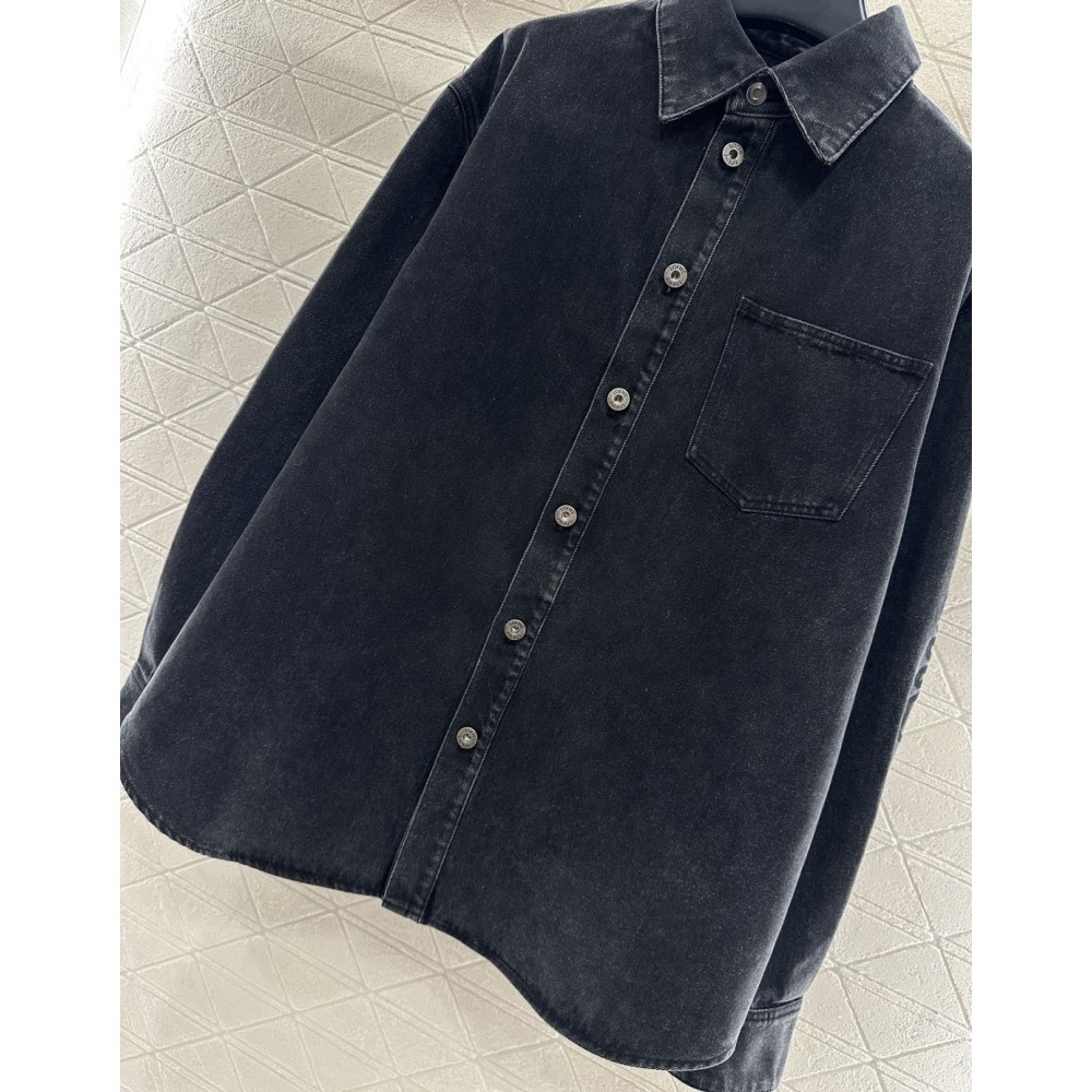 Vintage Washed Oversized Denim Shirt for Women | Soft Cotton Twill Distressed Charcoal & Blue