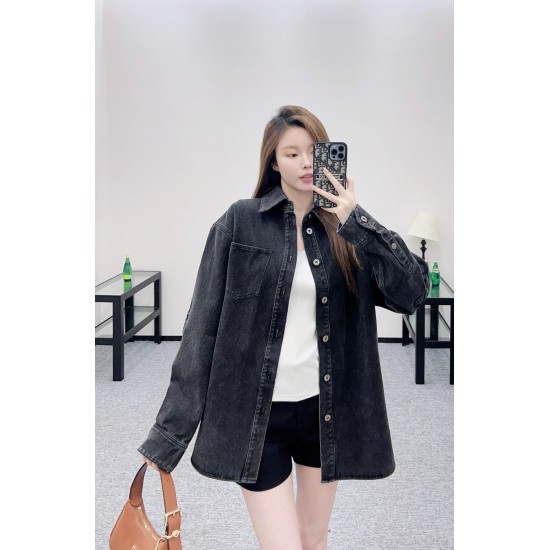 Vintage Washed Oversized Denim Shirt for Women | Soft Cotton Twill Distressed Charcoal & Blue