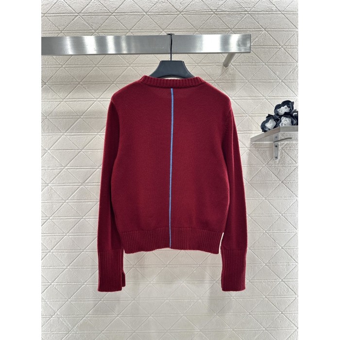 Embroidered Color-Blocked Wool Knit Sweater | Soft Wool Ribbed Pullover with Chest Emblem