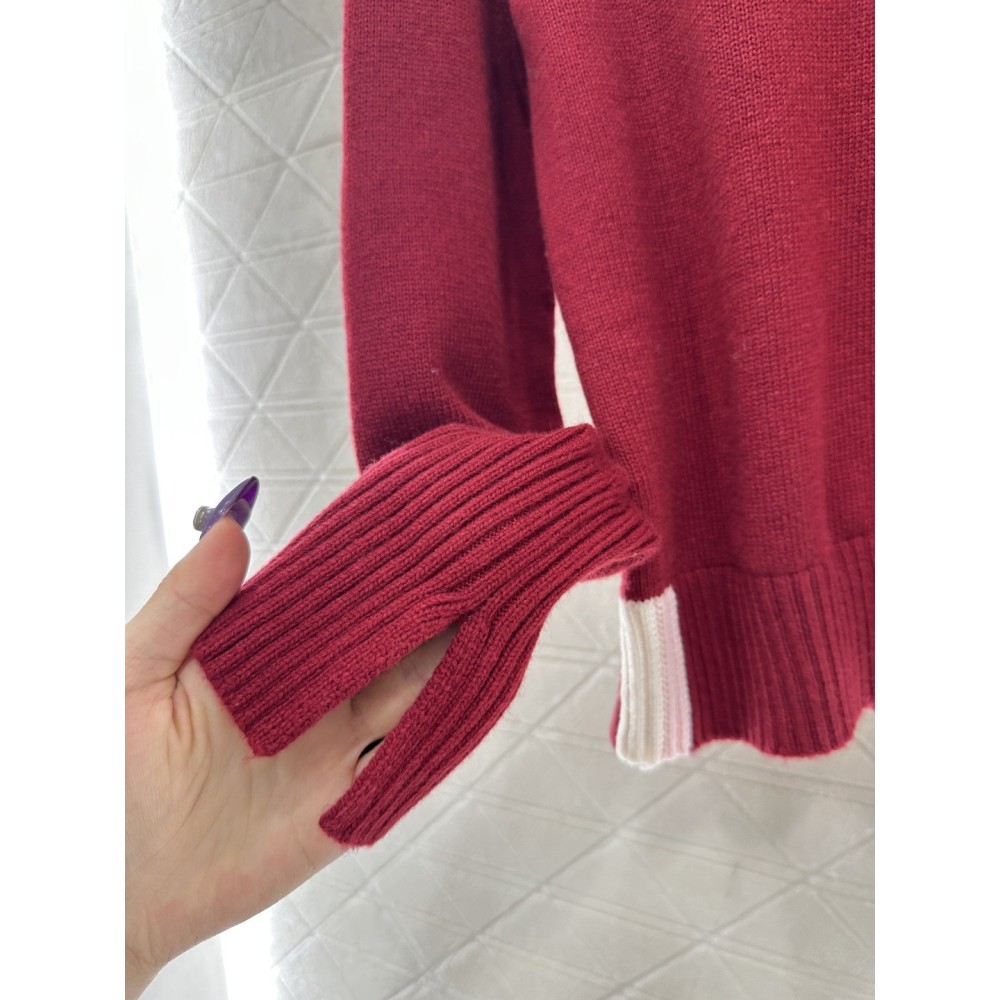 Embroidered Color-Blocked Wool Knit Sweater | Soft Wool Ribbed Pullover with Chest Emblem