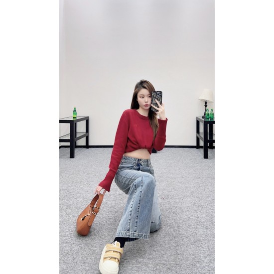 High-Waisted Distressed Crimson Knife Pants | Wide-Leg Ruffled Vintage Denim Twill