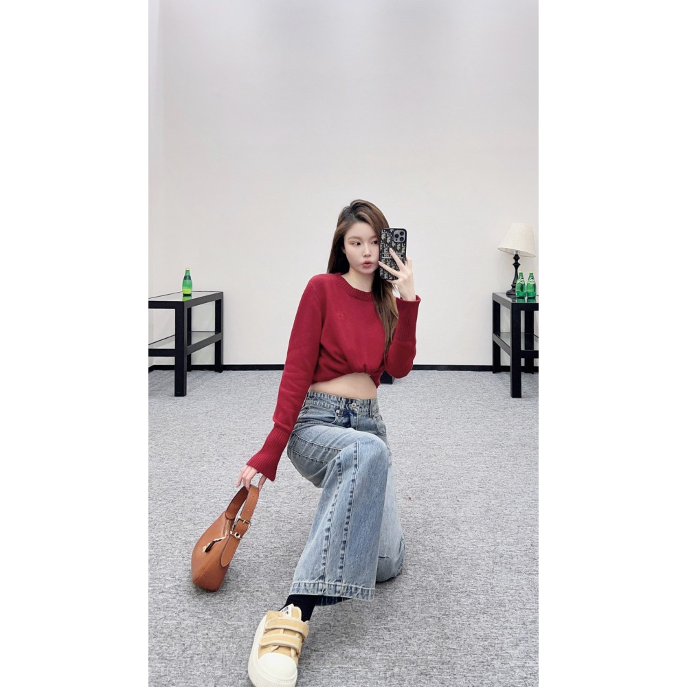 Pantaloni Crimson a Vita Alta Knife-Cut | Denim Twill Vintage Distressed con Volant