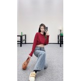 High-Waisted Distressed Crimson Knife Pants | Wide-Leg Ruffled Vintage Denim Twill