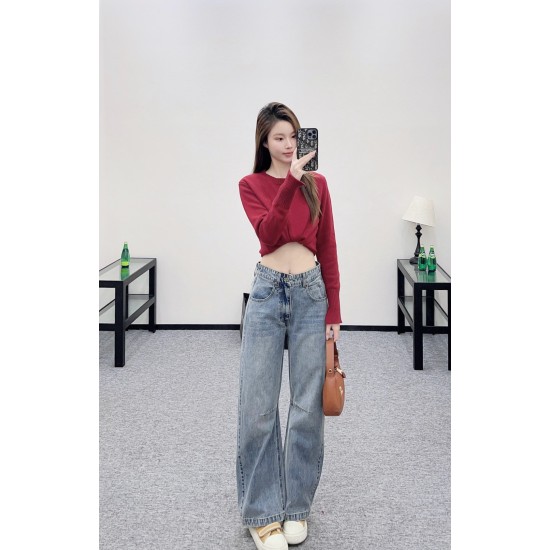 High-Waisted Distressed Crimson Knife Pants | Wide-Leg Ruffled Vintage Denim Twill