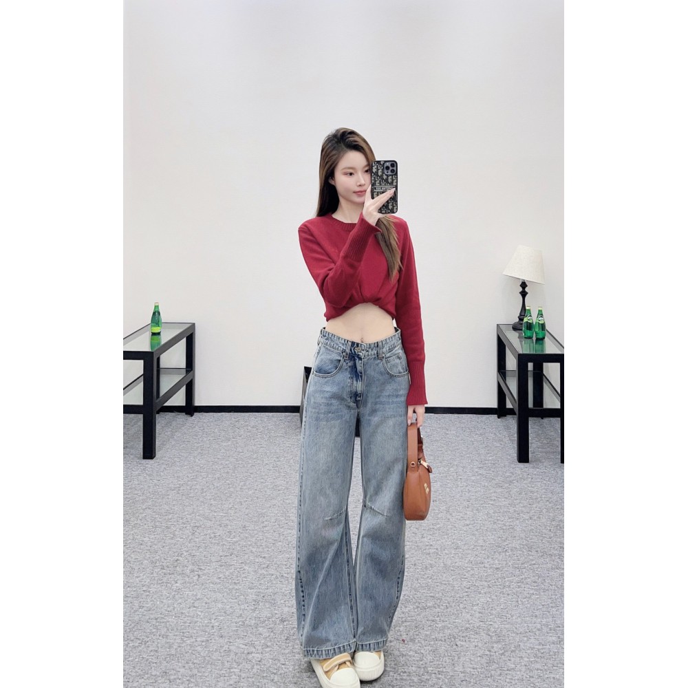 High-Waisted Distressed Crimson Knife Pants | Wide-Leg Ruffled Vintage Denim Twill